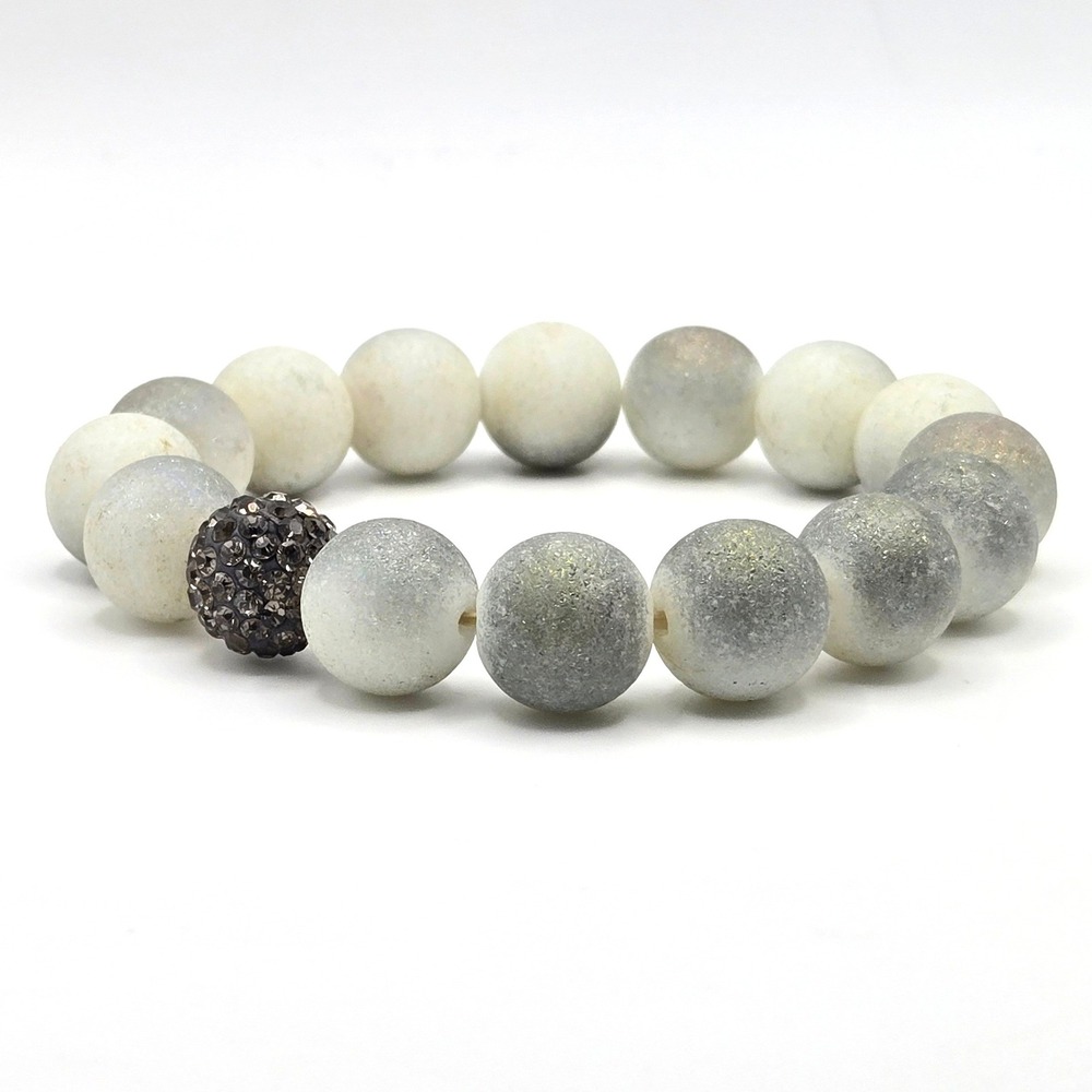 Grey White Matte Druzy Style Bead Stretch Bracelet Pave Rhinestone Focal 12mm - Picture 3 of 4